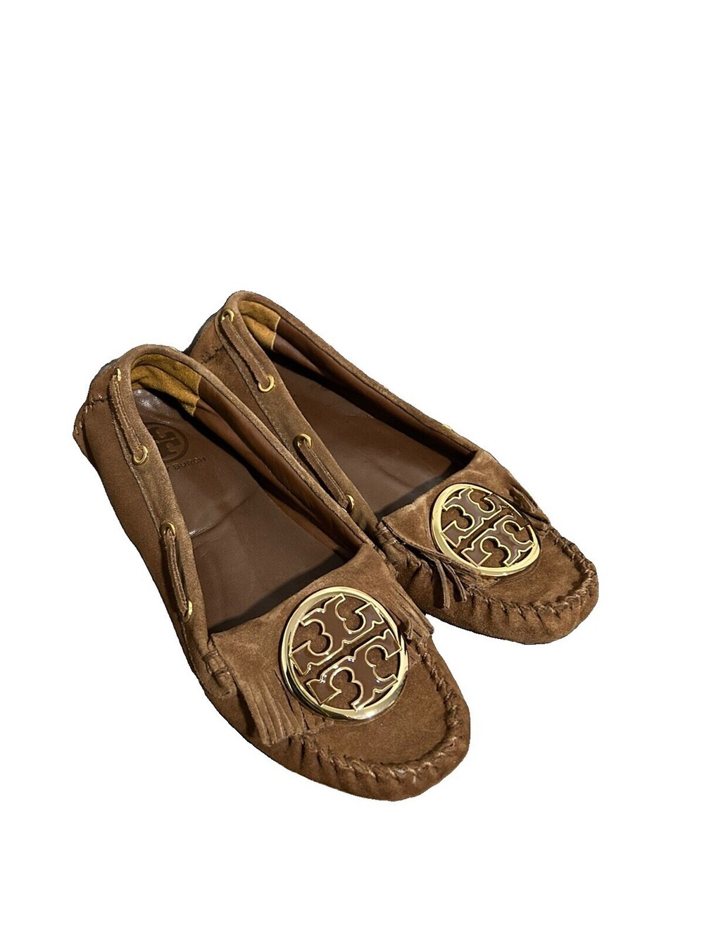 Tory Burch Alexandra Brown Suede Moccasin Loafer Gold Medallion Women's 8M